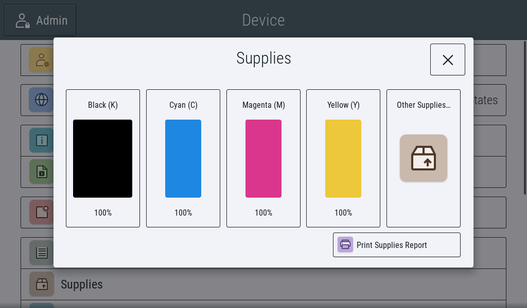 A screenshot from a Xerox printer shows the remaining toner levels.