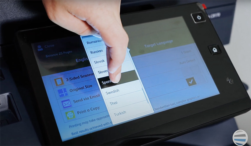 a user selects their target language inside the Xerox Translate and Print app