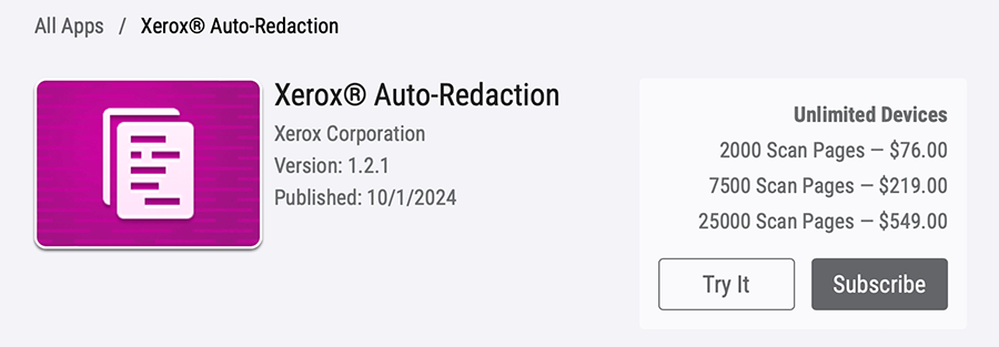 Pricing for Xerox Auto-Redaction app