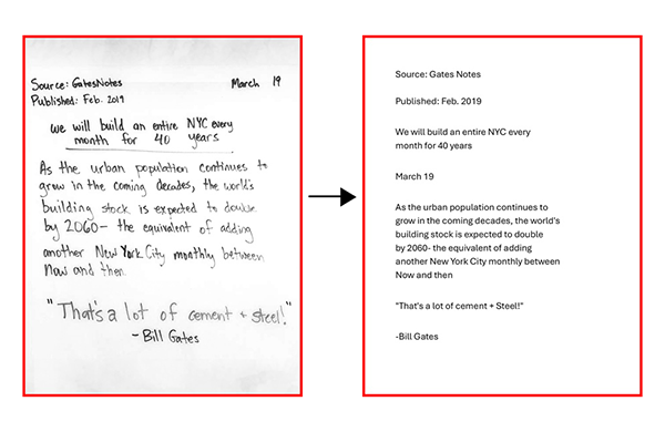 An example of Xerox Note Converter taking handwritten notes and turning them into digital text