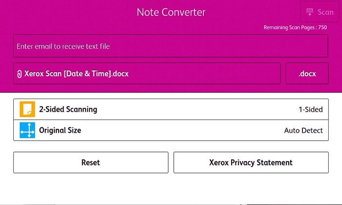 Xerox Note Converter Scan Settings Screenshot