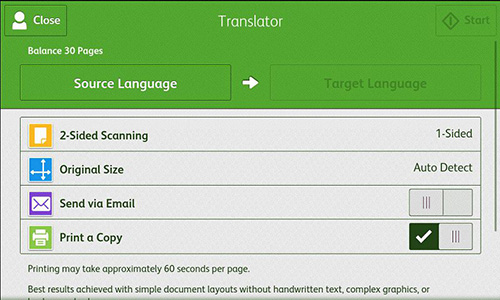 A preview of the Xerox Translate and Print app