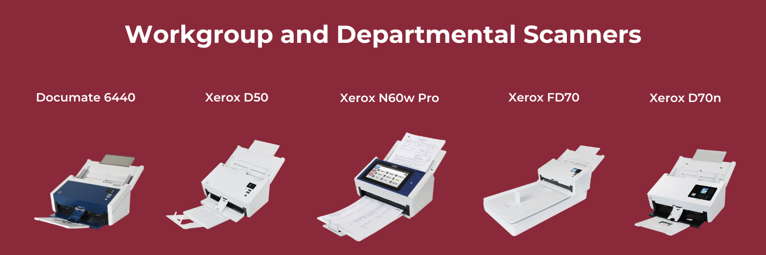 A graphic showing the five models in Xerox's workgroup and departmental scanners category