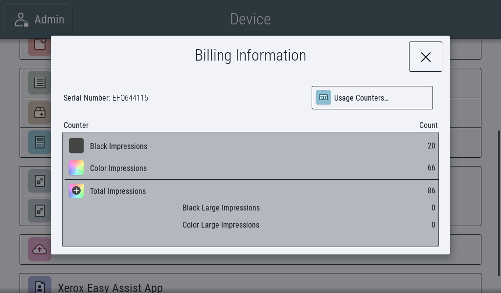 an example of billing information on a Xerox printer