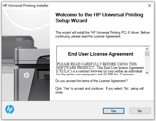 Example of installation pop-up for HP’s UPD